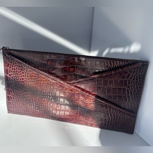 J.E Fournier Montréal Other - Vintage J.E Fournier Montreal Croc Embossed Leather Clutch Brown Envelope Bag